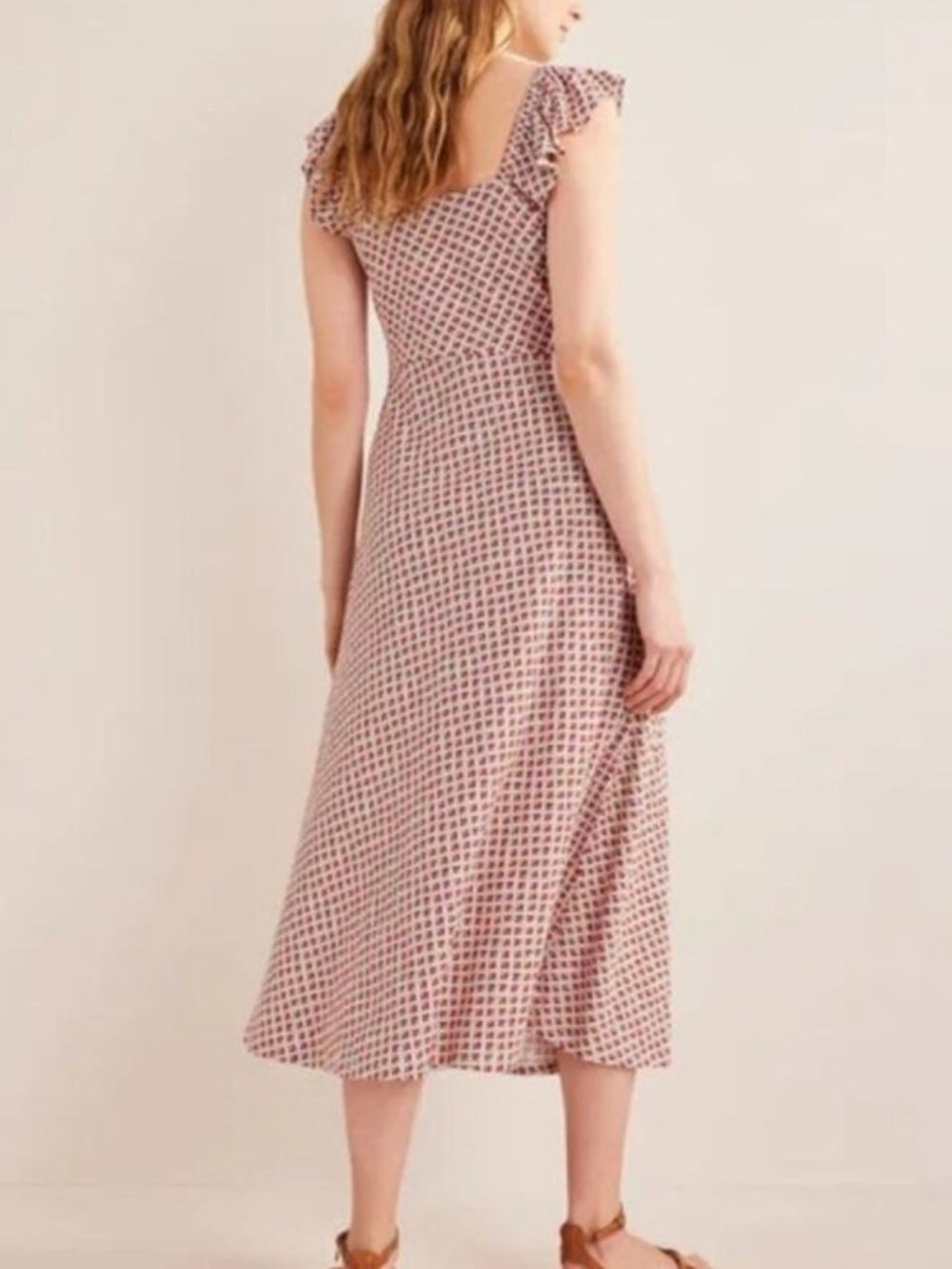 Boden Frill Detail Jersey Midi Dress Red Orange Mini Floral Print Flutter Sleeve - Picture 7 of 14
